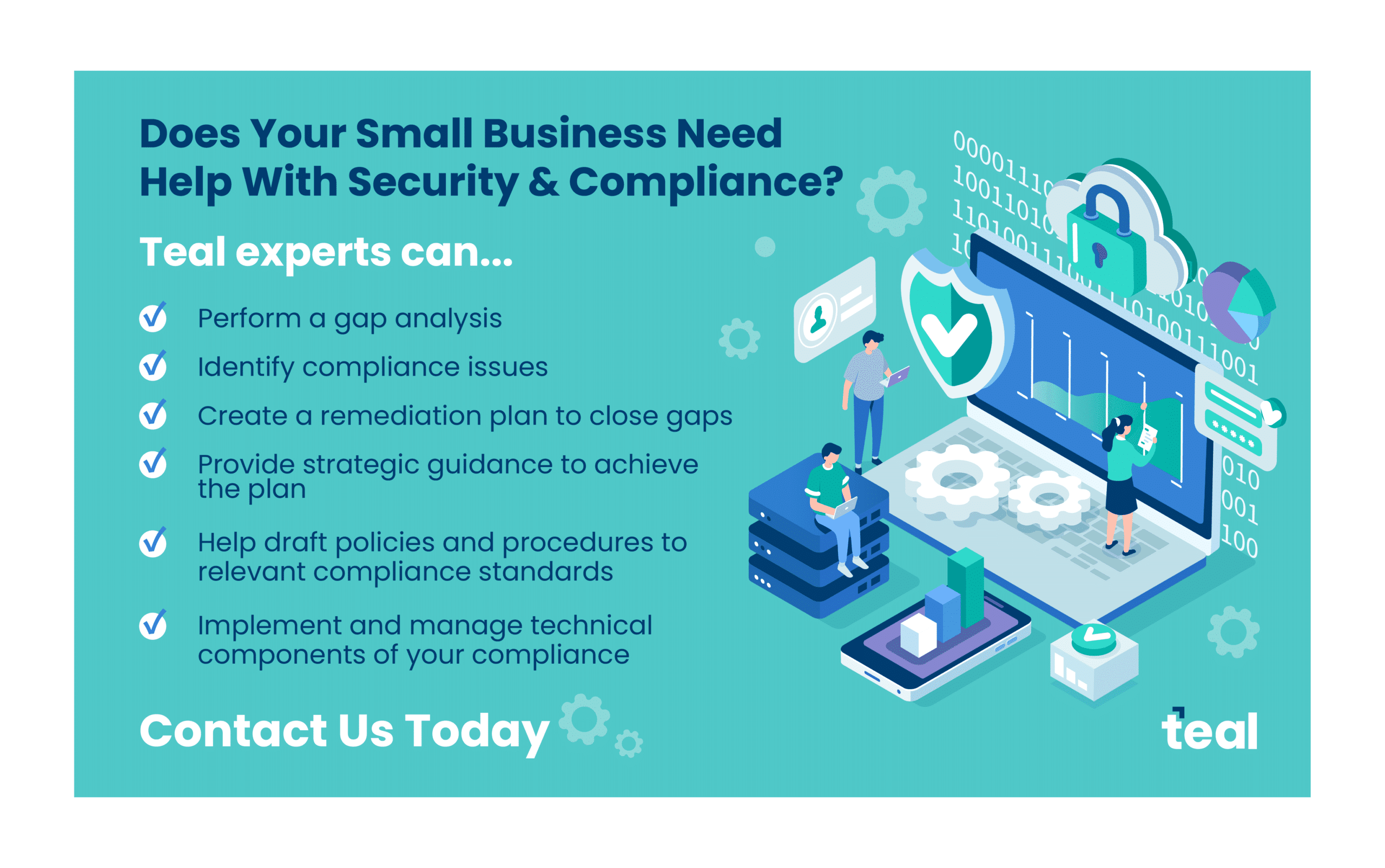 Image explains six compliance benefits businesses get with a healthcare gap analysis from Teal’s managed compliance services.